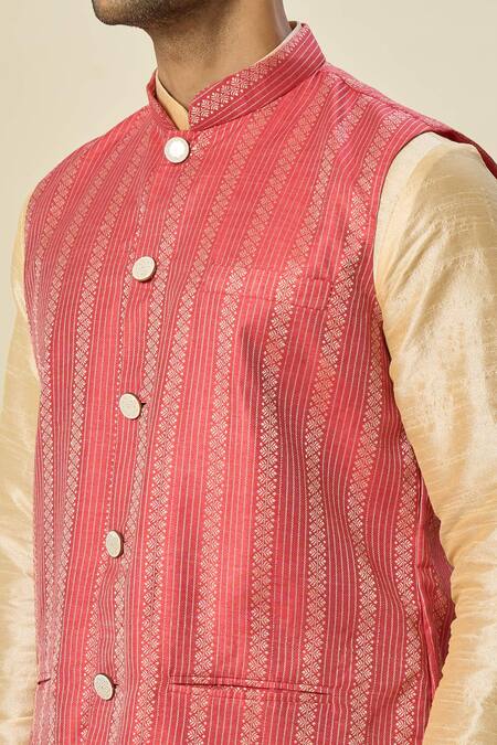 Buy_Arihant Rai Sinha_Red Brocade, Silk Contrast Stripe Bundi With Kurta Set 