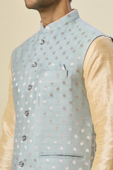 Arihant Rai Sinha_Blue Brocade, Silk Embroidery Leaf Motif Bundi And Kurta Set _Online_at_Aza_Fashions