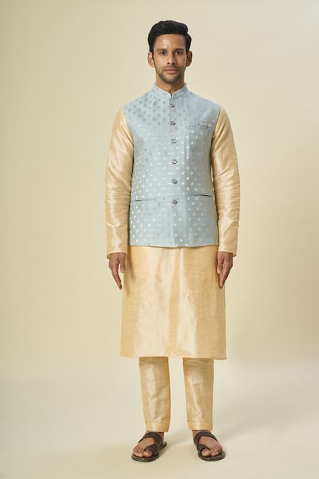 Buy_Arihant Rai Sinha_Blue Brocade, Silk Embroidery Leaf Motif Bundi And Kurta Set _Online_at_Aza_Fashions