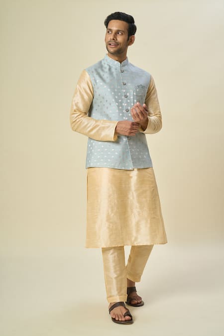 Shop_Arihant Rai Sinha_Blue Brocade, Silk Embroidery Leaf Motif Bundi And Kurta Set _Online_at_Aza_Fashions