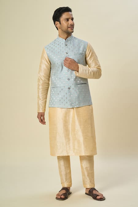 Arihant Rai Sinha_Blue Brocade, Silk Embroidery Leaf Motif Bundi And Kurta Set _at_Aza_Fashions