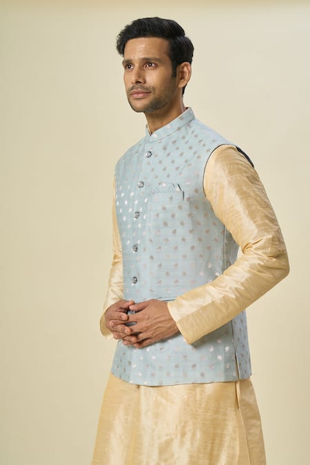 Buy_Arihant Rai Sinha_Blue Brocade, Silk Embroidery Leaf Motif Bundi And Kurta Set 