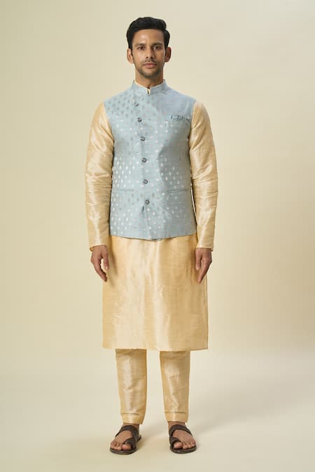 Arihant Rai Sinha_Blue Brocade, Silk Embroidery Floral Butta Motif Bundi Set _Online_at_Aza_Fashions