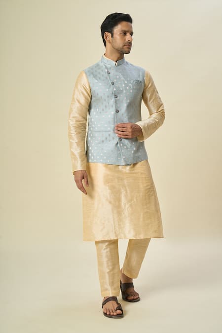 Buy_Arihant Rai Sinha_Blue Brocade, Silk Embroidery Floral Butta Motif Bundi Set _Online_at_Aza_Fashions