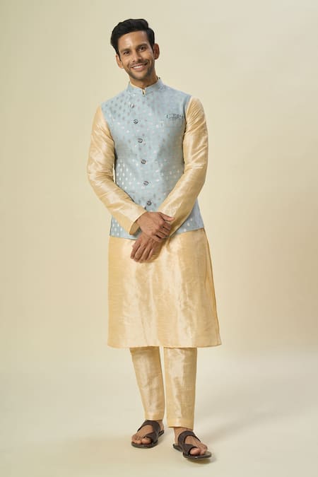 Shop_Arihant Rai Sinha_Blue Brocade, Silk Embroidery Floral Butta Motif Bundi Set _Online_at_Aza_Fashions