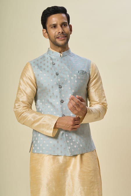 Arihant Rai Sinha_Blue Brocade, Silk Embroidery Floral Butta Motif Bundi Set _at_Aza_Fashions