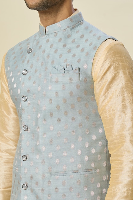 Buy_Arihant Rai Sinha_Blue Brocade, Silk Embroidery Floral Butta Motif Bundi Set 