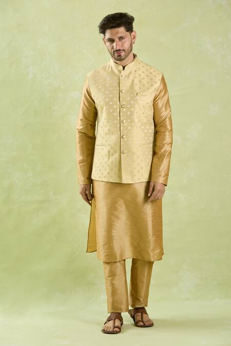 Shop_Arihant Rai Sinha_Beige Brocade, Silk Embroidery Leaf Motif Bundi And Solid Kurta Set _Online_at_Aza_Fashions