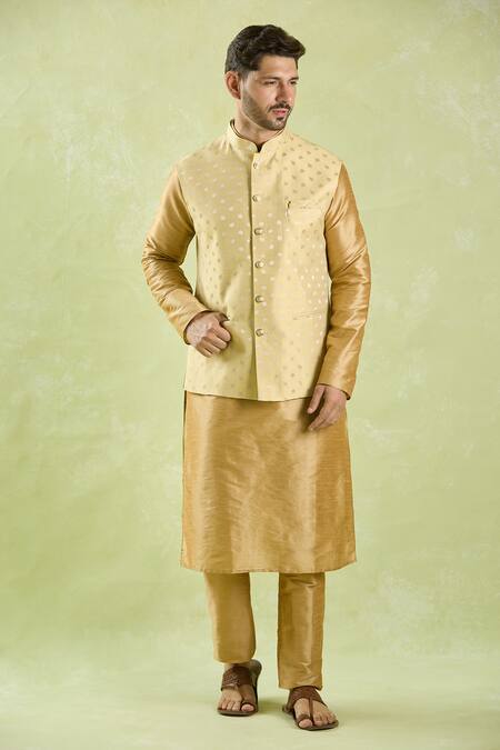 Arihant Rai Sinha_Beige Brocade, Silk Embroidery Leaf Motif Bundi And Solid Kurta Set _at_Aza_Fashions