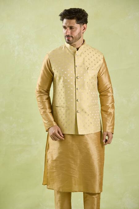 Buy_Arihant Rai Sinha_Beige Brocade, Silk Embroidery Leaf Motif Bundi And Solid Kurta Set 