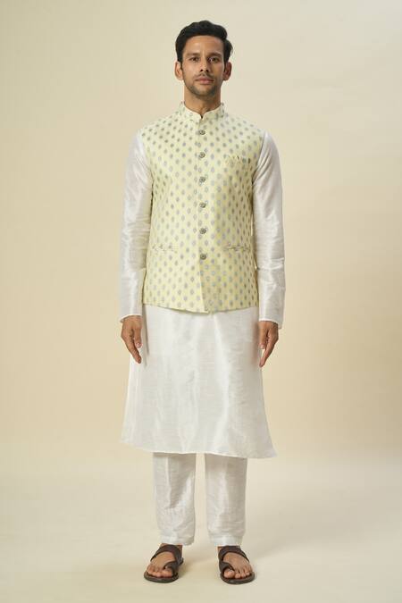 Arihant Rai Sinha_Yellow Brocade, Silk Embroidery Leaf Motif Bundi And Solid Kurta Set _Online_at_Aza_Fashions
