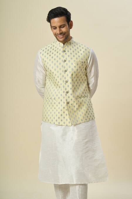 Buy_Arihant Rai Sinha_Yellow Brocade, Silk Embroidery Leaf Motif Bundi And Solid Kurta Set _Online_at_Aza_Fashions