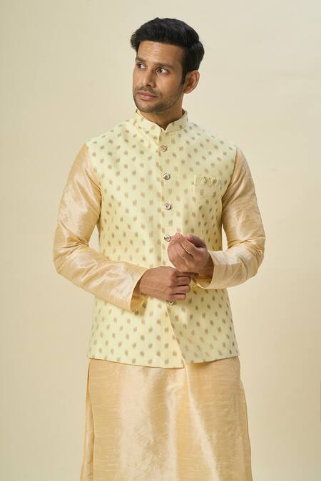 Arihant Rai Sinha_Yellow Brocade, Silk Embroidery Leaf Motif Bundi And Solid Kurta Set _Online_at_Aza_Fashions