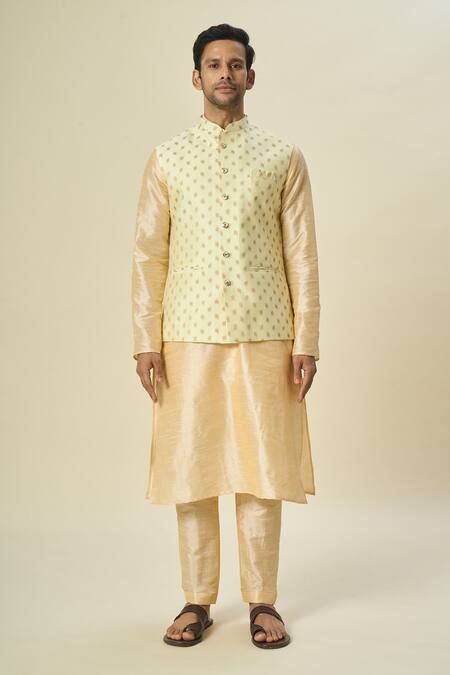 Buy_Arihant Rai Sinha_Yellow Brocade, Silk Embroidery Leaf Motif Bundi And Solid Kurta Set _Online_at_Aza_Fashions