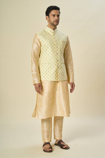 Shop_Arihant Rai Sinha_Yellow Brocade, Silk Embroidery Leaf Motif Bundi And Solid Kurta Set _Online_at_Aza_Fashions