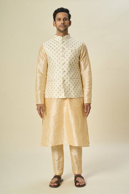 Buy_Arihant Rai Sinha_Cream Brocade, Silk Embroidery Leaf Motif Bundi And Solid Kurta Set _Online_at_Aza_Fashions
