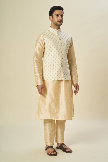 Shop_Arihant Rai Sinha_Cream Brocade, Silk Embroidery Leaf Motif Bundi And Solid Kurta Set _Online_at_Aza_Fashions