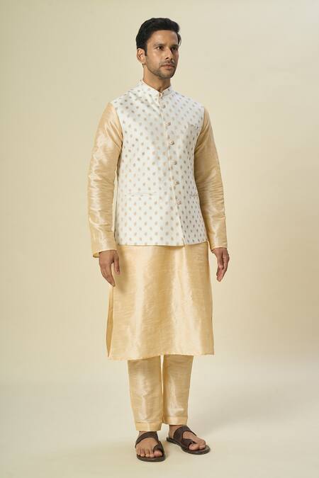Shop_Arihant Rai Sinha_Off White Brocade, Silk Embroidery Leaf Motif Bundi And Solid Kurta Set _Online_at_Aza_Fashions
