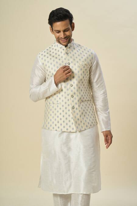 Shop_Arihant Rai Sinha_Cream Brocade, Silk Embroidery Floral Butta Bundi And Kurta Set _Online_at_Aza_Fashions
