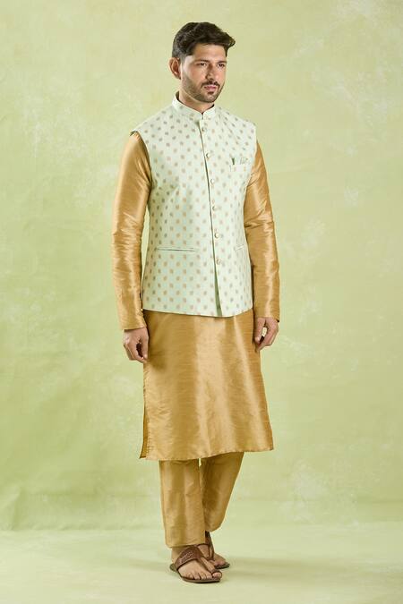 Buy Arihant Rai Sinha Green Brocade, Silk Embroidery Woven Leaf Motif Bundi And Kurta Set Buy_Arihant Rai Sinha_Green Brocade, Silk Embroidery Woven Leaf Motif Bundi And Kurta Set