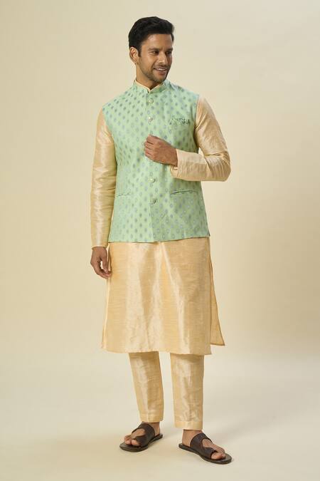 Buy_Arihant Rai Sinha_Green Brocade, Silk Embroidery Leaf Motif Woven Bundi And Kurta Set _Online_at_Aza_Fashions