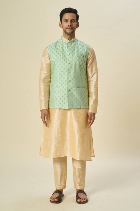 Shop_Arihant Rai Sinha_Green Brocade, Silk Embroidery Leaf Motif Woven Bundi And Kurta Set _Online_at_Aza_Fashions