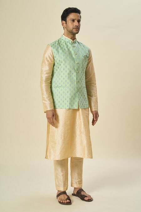 Arihant Rai Sinha_Green Brocade, Silk Embroidery Leaf Motif Woven Bundi And Kurta Set _at_Aza_Fashions