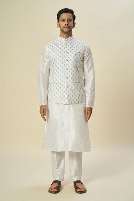 Arihant Rai Sinha Off White Brocade, Silk Embroidery Floral Butta Woven Bundi And Kurta Set Online at Aza Fashions Arihant Rai Sinha_Off White Brocade, Silk Embroidery Floral Butta Woven Bundi And Kurta Set _Online_at_Aza_Fashions