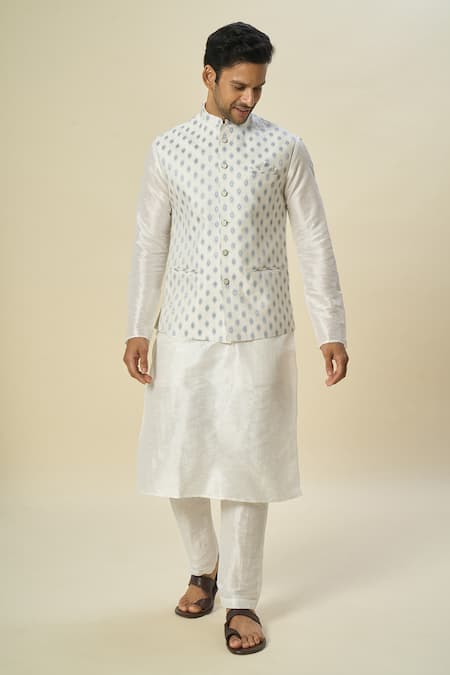 Shop Arihant Rai Sinha Off White Brocade, Silk Embroidery Floral Butta Woven Bundi And Kurta Set Online at Aza Fashions Shop_Arihant Rai Sinha_Off White Brocade, Silk Embroidery Floral Butta Woven Bundi And Kurta Set _Online_at_Aza_Fashions