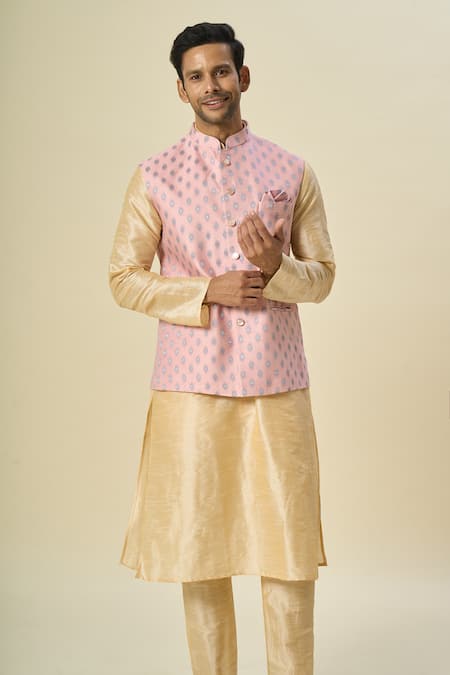 Buy_Arihant Rai Sinha_Pink Brocade, Silk Embroidery Floral Butta Woven Bundi And Kurta Set _Online_at_Aza_Fashions