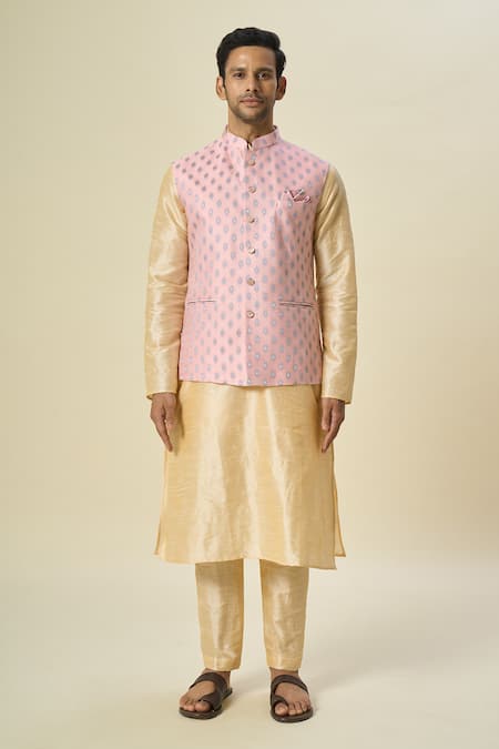 Shop_Arihant Rai Sinha_Pink Brocade, Silk Embroidery Floral Butta Woven Bundi And Kurta Set _Online_at_Aza_Fashions