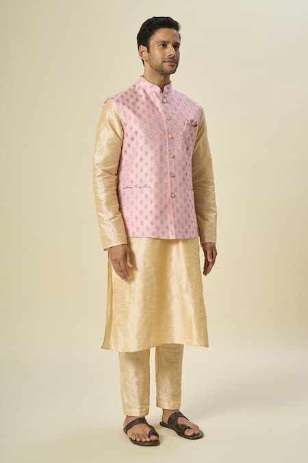 Arihant Rai Sinha_Pink Brocade, Silk Embroidery Floral Butta Woven Bundi And Kurta Set _at_Aza_Fashions