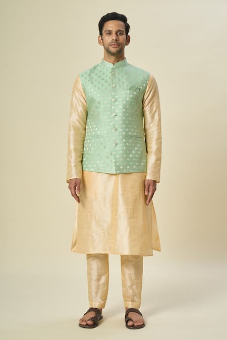 Buy_Arihant Rai Sinha_Green Brocade, Silk Embroidery Woven Leaf Bundi And Solid Kurta Set _Online_at_Aza_Fashions