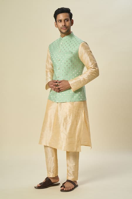 Shop_Arihant Rai Sinha_Green Brocade, Silk Embroidery Woven Leaf Bundi And Solid Kurta Set _Online_at_Aza_Fashions