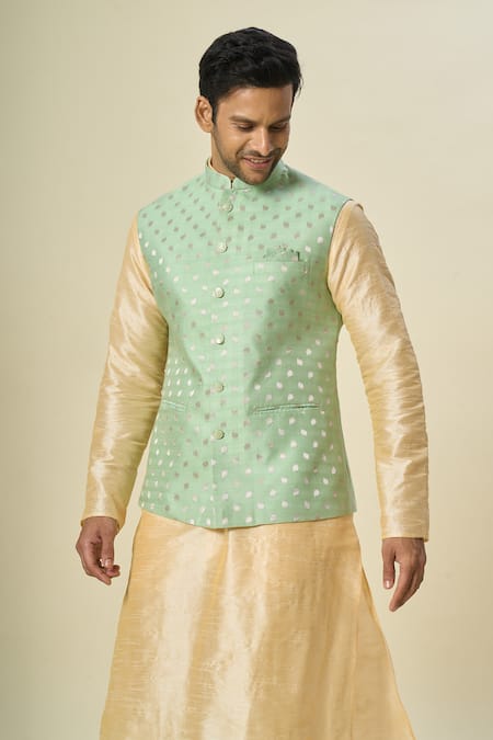 Arihant Rai Sinha_Green Brocade, Silk Embroidery Woven Leaf Bundi And Solid Kurta Set _at_Aza_Fashions