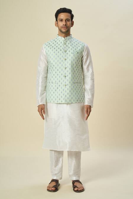 Arihant Rai Sinha_Green Brocade, Silk Embroidery Floral Butta Motif Bundi Set _Online_at_Aza_Fashions