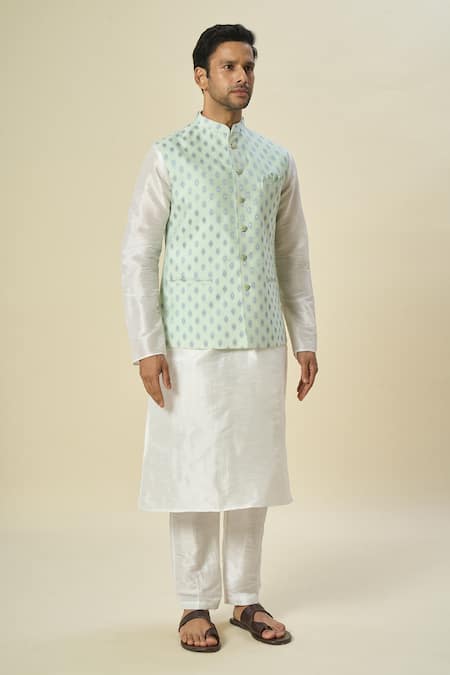 Buy_Arihant Rai Sinha_Green Brocade, Silk Embroidery Floral Butta Motif Bundi Set _Online_at_Aza_Fashions