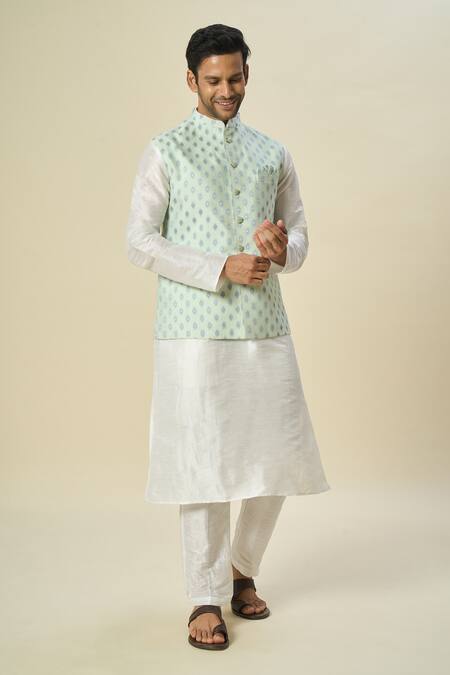 Shop_Arihant Rai Sinha_Green Brocade, Silk Embroidery Floral Butta Motif Bundi Set _Online_at_Aza_Fashions