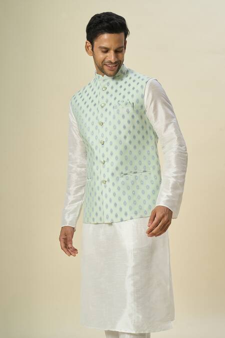 Arihant Rai Sinha_Green Brocade, Silk Embroidery Floral Butta Motif Bundi Set _at_Aza_Fashions