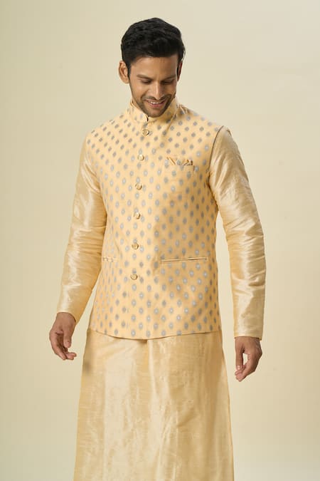 Shop Arihant Rai Sinha Orange Brocade, Silk Embroidery Floral Butta Woven Motif Bundi Set Online at Aza Fashions Shop_Arihant Rai Sinha_Orange Brocade, Silk Embroidery Floral Butta Woven Motif Bundi Set _Online_at_Aza_Fashions