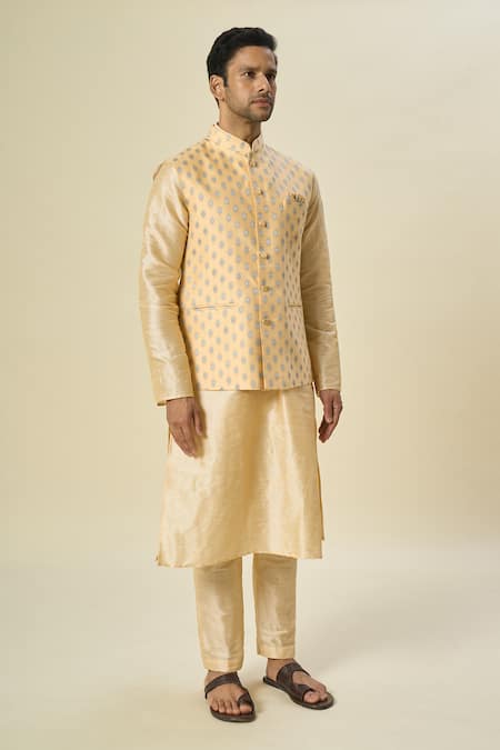 Buy Arihant Rai Sinha Orange Brocade, Silk Embroidery Floral Butta Woven Motif Bundi Set Buy_Arihant Rai Sinha_Orange Brocade, Silk Embroidery Floral Butta Woven Motif Bundi Set