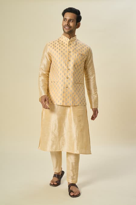 Shop Arihant Rai Sinha Orange Brocade, Silk Embroidery Floral Butta Woven Motif Bundi Set Shop_Arihant Rai Sinha_Orange Brocade, Silk Embroidery Floral Butta Woven Motif Bundi Set