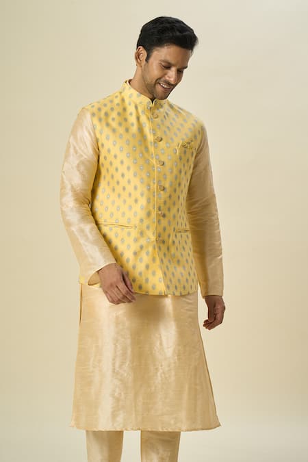 Shop_Arihant Rai Sinha_Yellow Brocade, Silk Embroidery Floral Butta Bundi Set _Online_at_Aza_Fashions