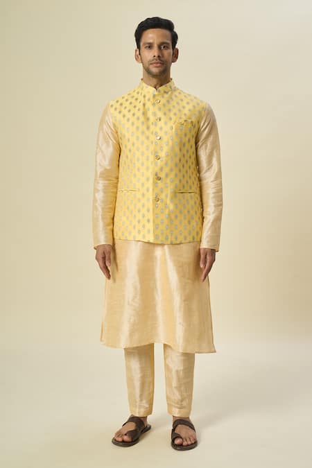 Arihant Rai Sinha_Yellow Brocade, Silk Embroidery Floral Butta Bundi Set _at_Aza_Fashions