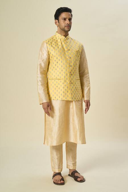 Buy_Arihant Rai Sinha_Yellow Brocade, Silk Embroidery Floral Butta Bundi Set 