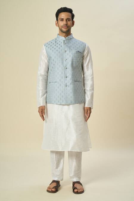Arihant Rai Sinha_Gray Brocade, Silk Embroidery Floral Butta Bundi Set _Online_at_Aza_Fashions