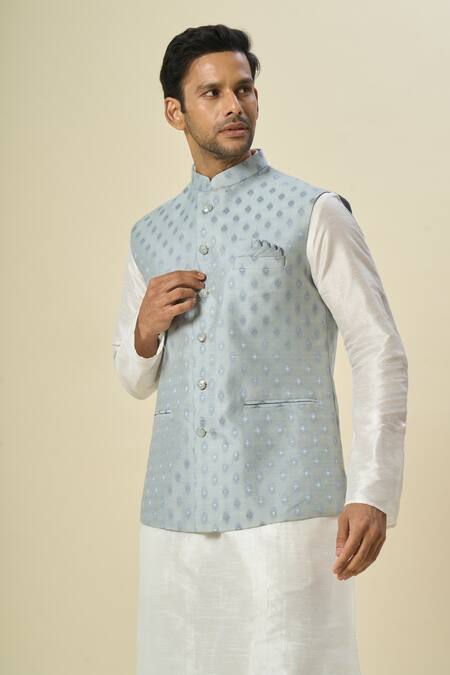 Shop_Arihant Rai Sinha_Gray Brocade, Silk Embroidery Floral Butta Bundi Set _Online_at_Aza_Fashions