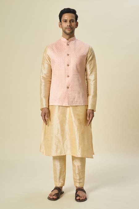 Shop Arihant Rai Sinha Pink Brocade, Silk Embroidery Floral Jaal Bundi Kurta Set Online at Aza Fashions Shop_Arihant Rai Sinha_Pink Brocade, Silk Embroidery Floral Jaal Bundi Kurta Set _Online_at_Aza_Fashions