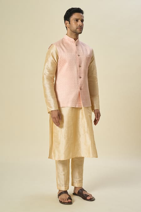 Arihant Rai Sinha Pink Brocade, Silk Embroidery Floral Jaal Bundi Kurta Set at Aza Fashions Arihant Rai Sinha_Pink Brocade, Silk Embroidery Floral Jaal Bundi Kurta Set _at_Aza_Fashions