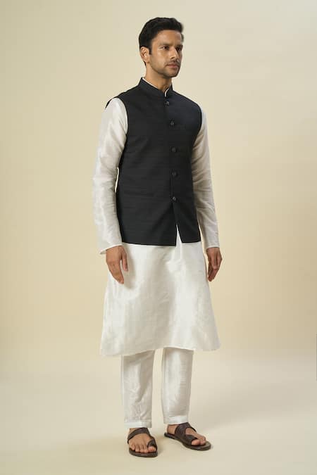 Shop_Arihant Rai Sinha_Black Silk Solid Bundi Kurta Set _Online_at_Aza_Fashions